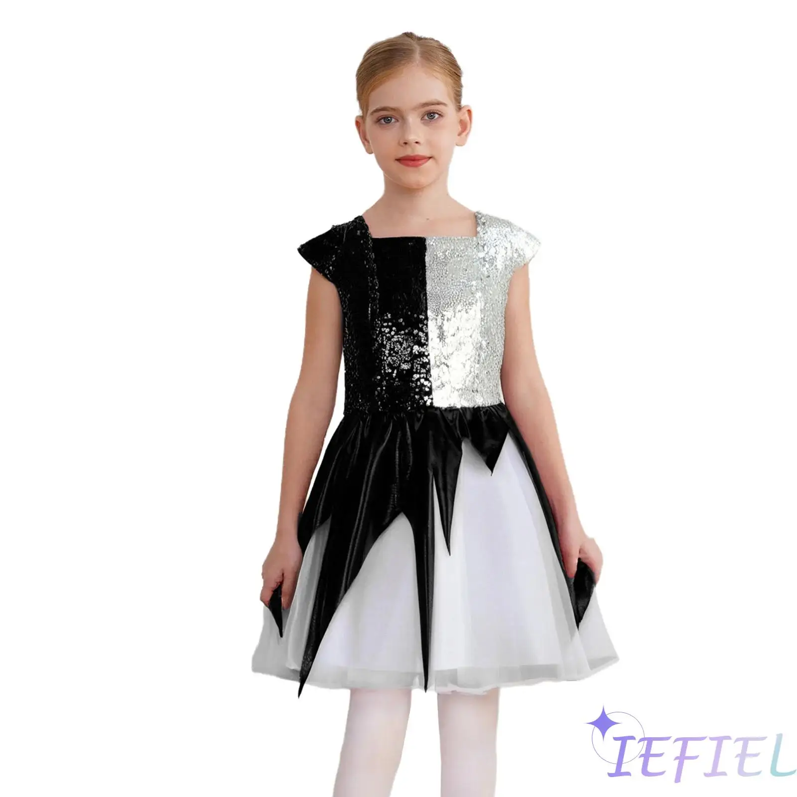

Angel Devil Dress for Girls Contrast Color Patchwork Sequin Square Collar Metallic Gloss Layered Skirt Halloween Cosplay Costume