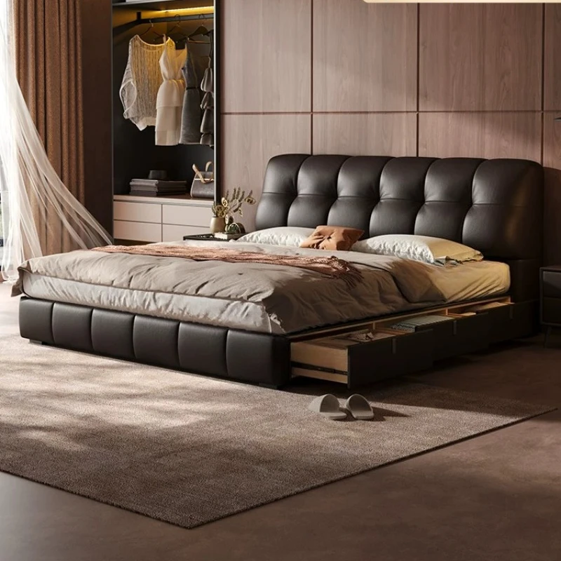 m*-Modern & Contemporary Bedroom Bed Frame, Dark Brown Leather Storage Platform Bed with Drawers