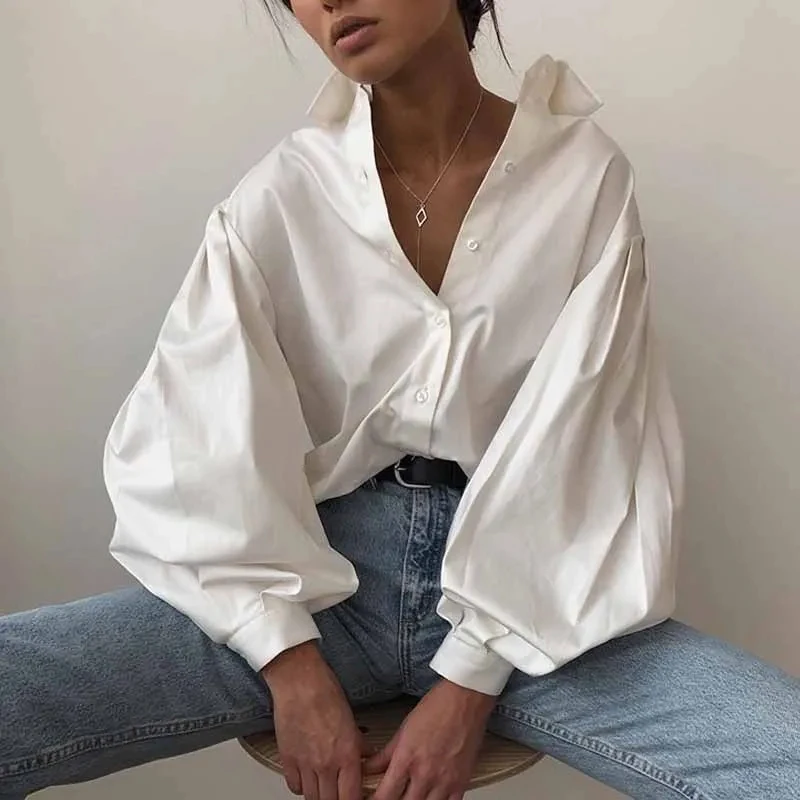 Women Lantern Sleeve White Cotton Shirt Casual Vintage Sexy Button Blouse Elegant Loose Women Office Ladies Tops Blusas 10903