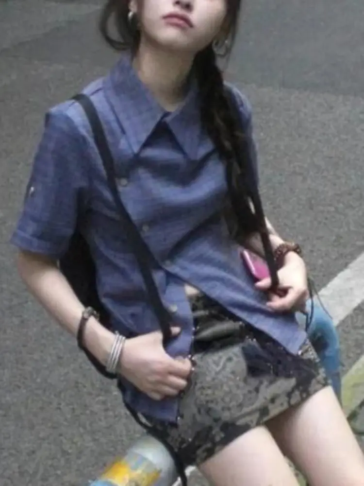 Japanse Elegante Retro Blauwe Geruite Shirts Vrouwen Losse Korte Mouw Blouses Zomer Koreaanse Chic Blusas Mujer 2000s Vintage Y2k