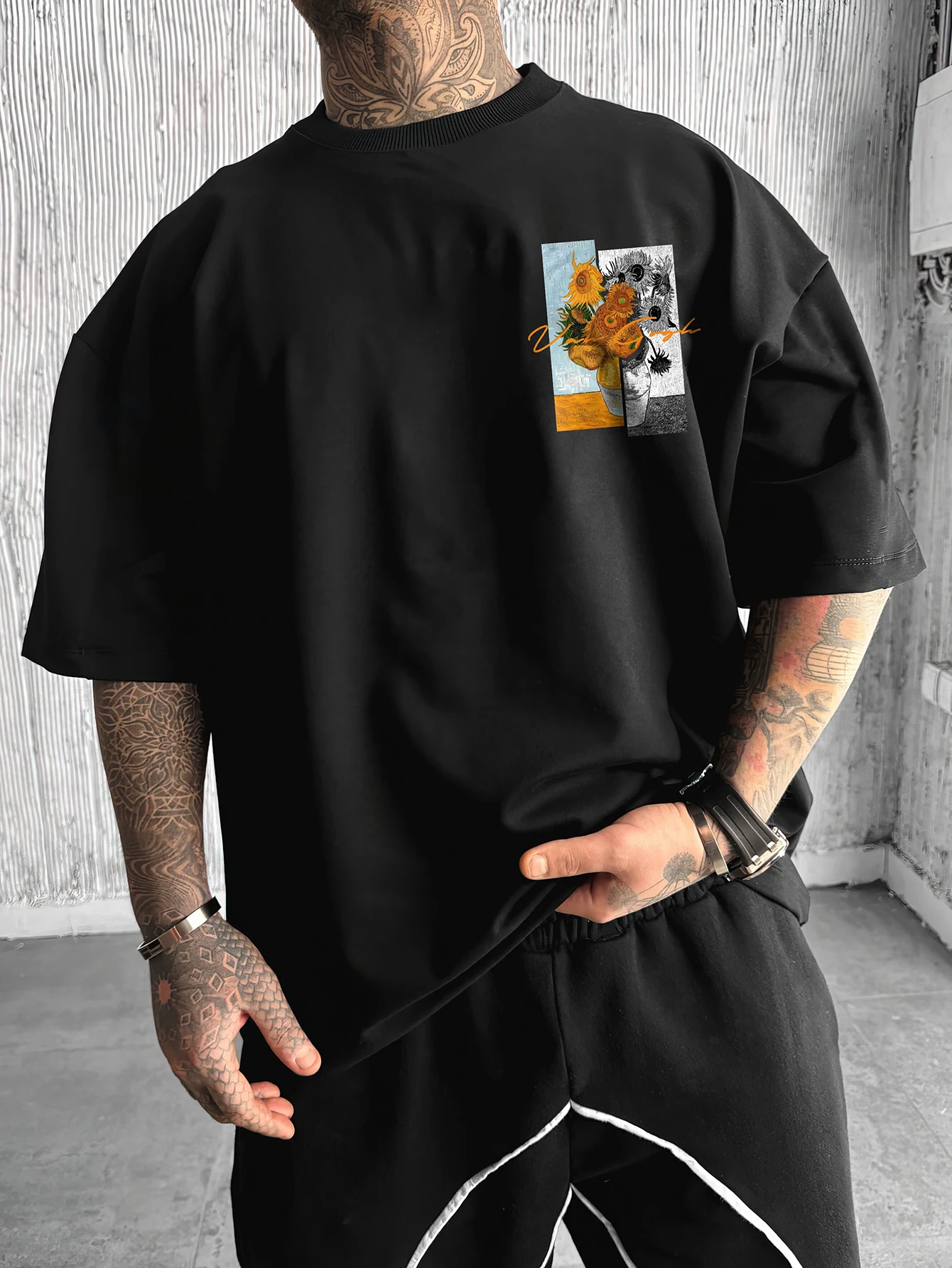 Brand Sunflower Graphic T Shirt Oversized Fit Vintage Art Style Cotton Casual Shorts Pants Set Black Color Size S-5XL Loose Brea