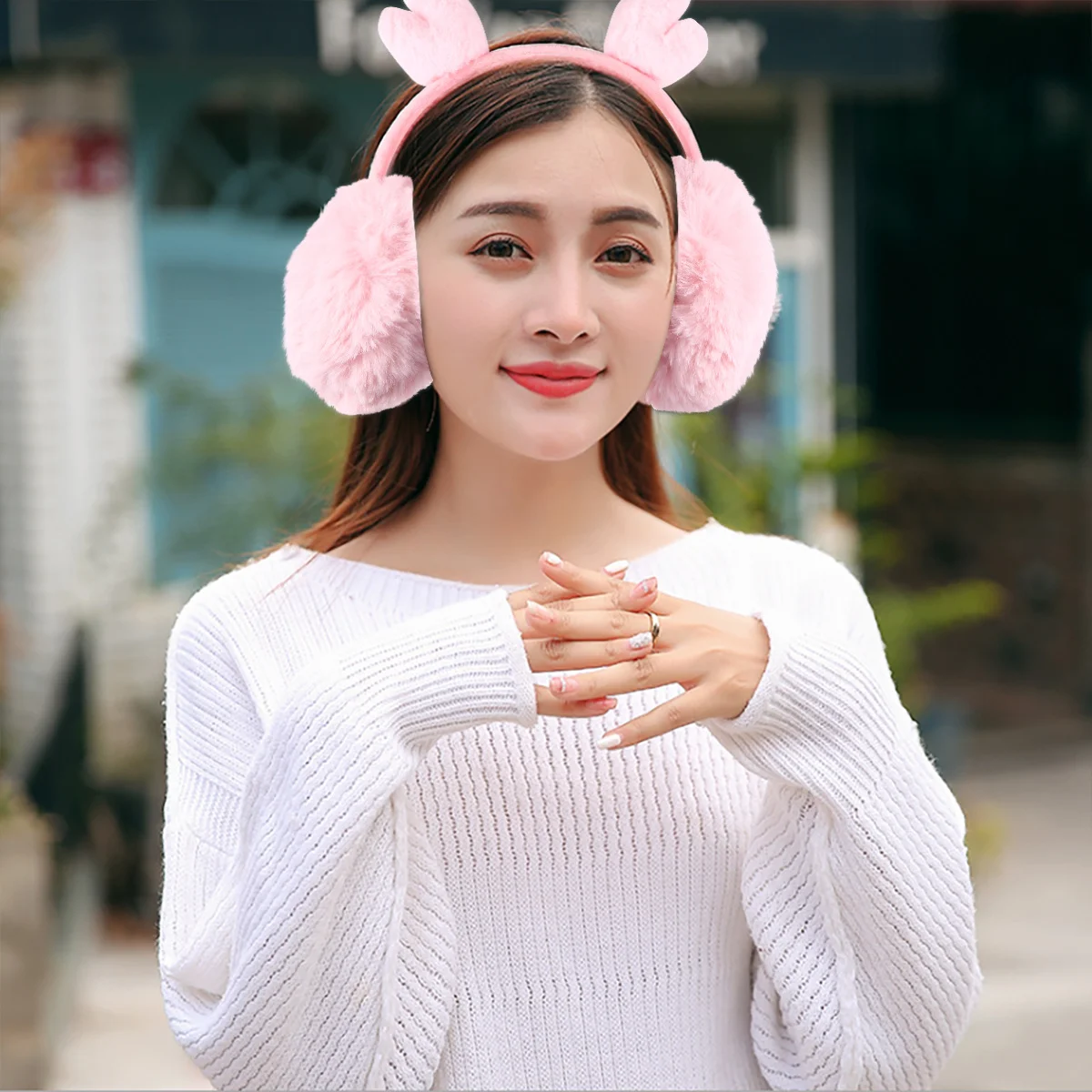 Reindeer Antlers Earmuffs Winter Warm Ear Covers Foldable Ear Warmers Cute Cartoon Embroidery Cold Weather Accessories