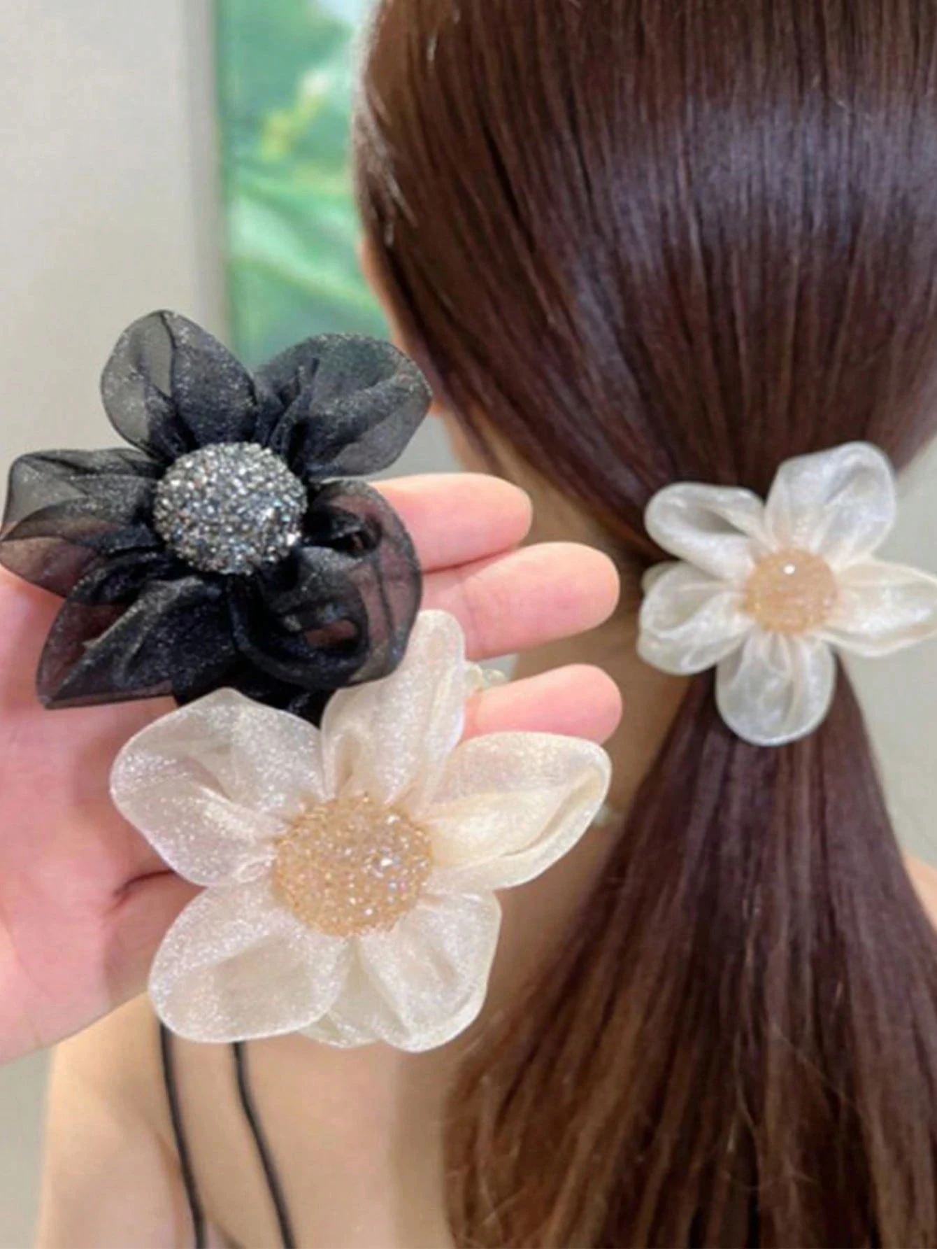 1/2/3 Stück Dutt-Haargummis, Organza-Haargummis mit Blumenmuster, eleganter brauner Blumen-Haarschmuck, schwarze elastische Bänder für den täglichen Gebrauch