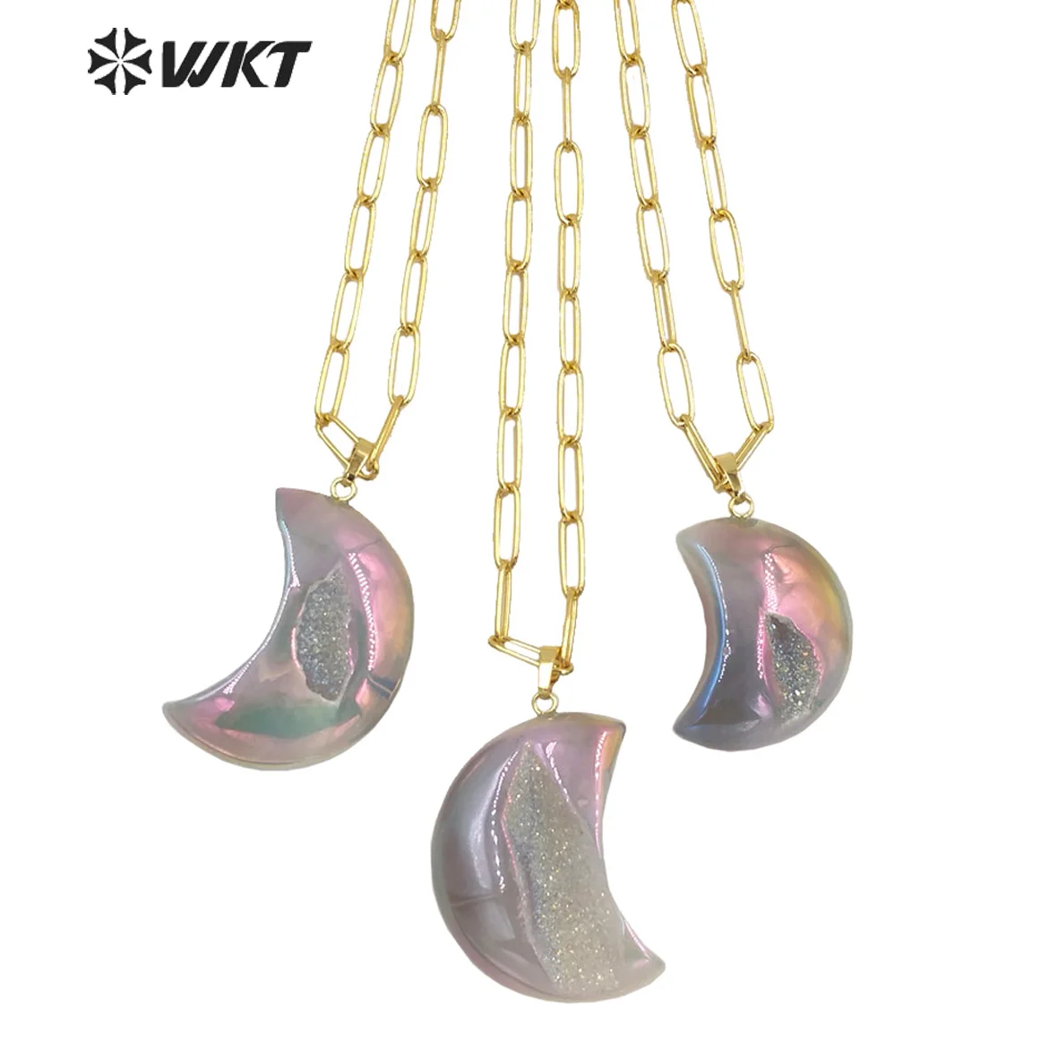 WT-N1393   WKT 2022 Attractive Moon Shape Aura Geode Quartz Pendant Necklace Women Gift Party Jewelry Trend Lovely Necklace Nice