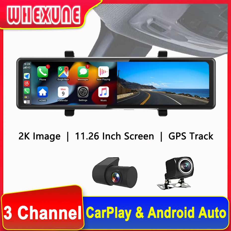 Espelho retrovisor do carro dvrs wifi carplay & android auto 2.5k 1440p traço cam navegação gps condução gravador de vídeo lente dupla fm aux