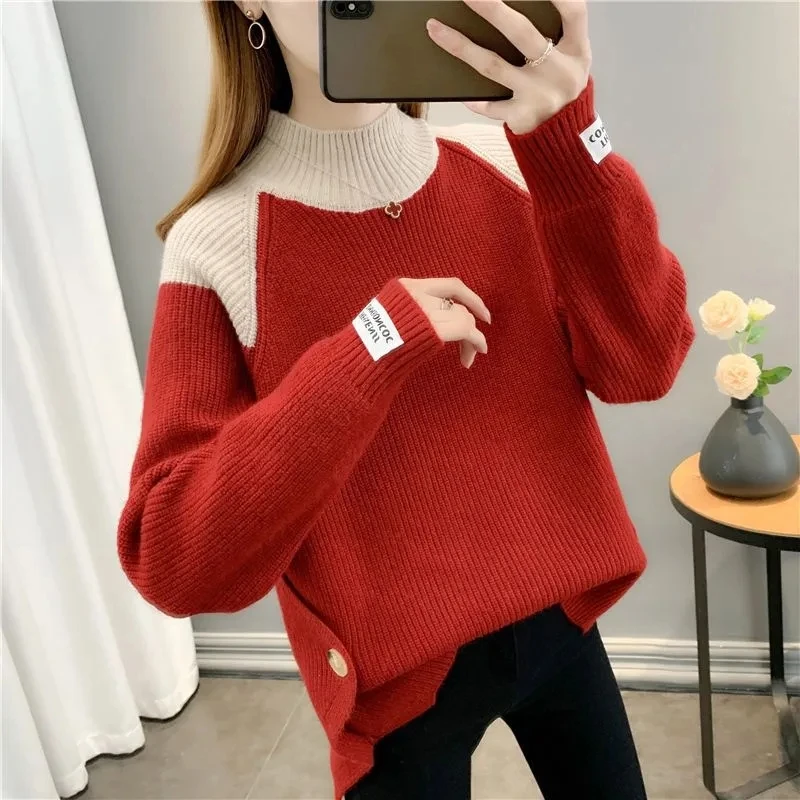 女性の韓国のルーズニットセーター,カラーマッチングセーター,長袖knitwear,女性のジャンプスーツ,コート,春,秋,新しい,2022