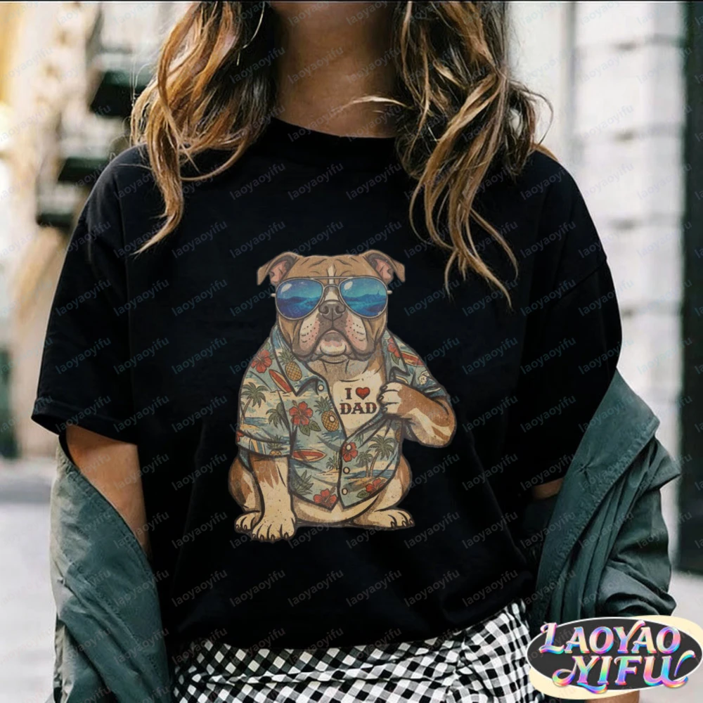 Bulldog Dad Art Cotton Tee Tropical Shirt Bulldog Father Tattoo T-Shirt Summer Vintage Classic Fashion Streetwear Men's Clothing