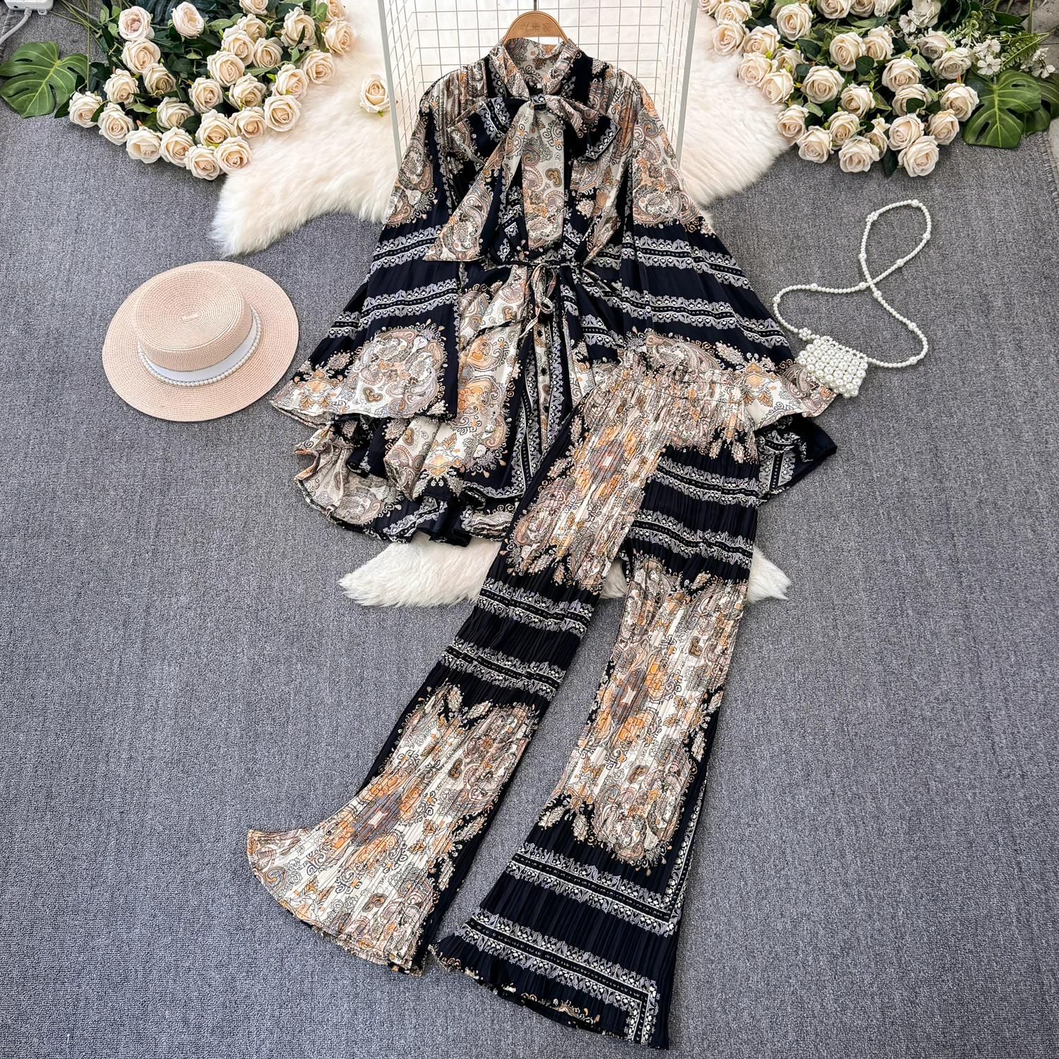 New Temperament Two-piece Set For Women Elegant European American Style Luxury Printed Top+Loose Casual Pleated Pants Outfit