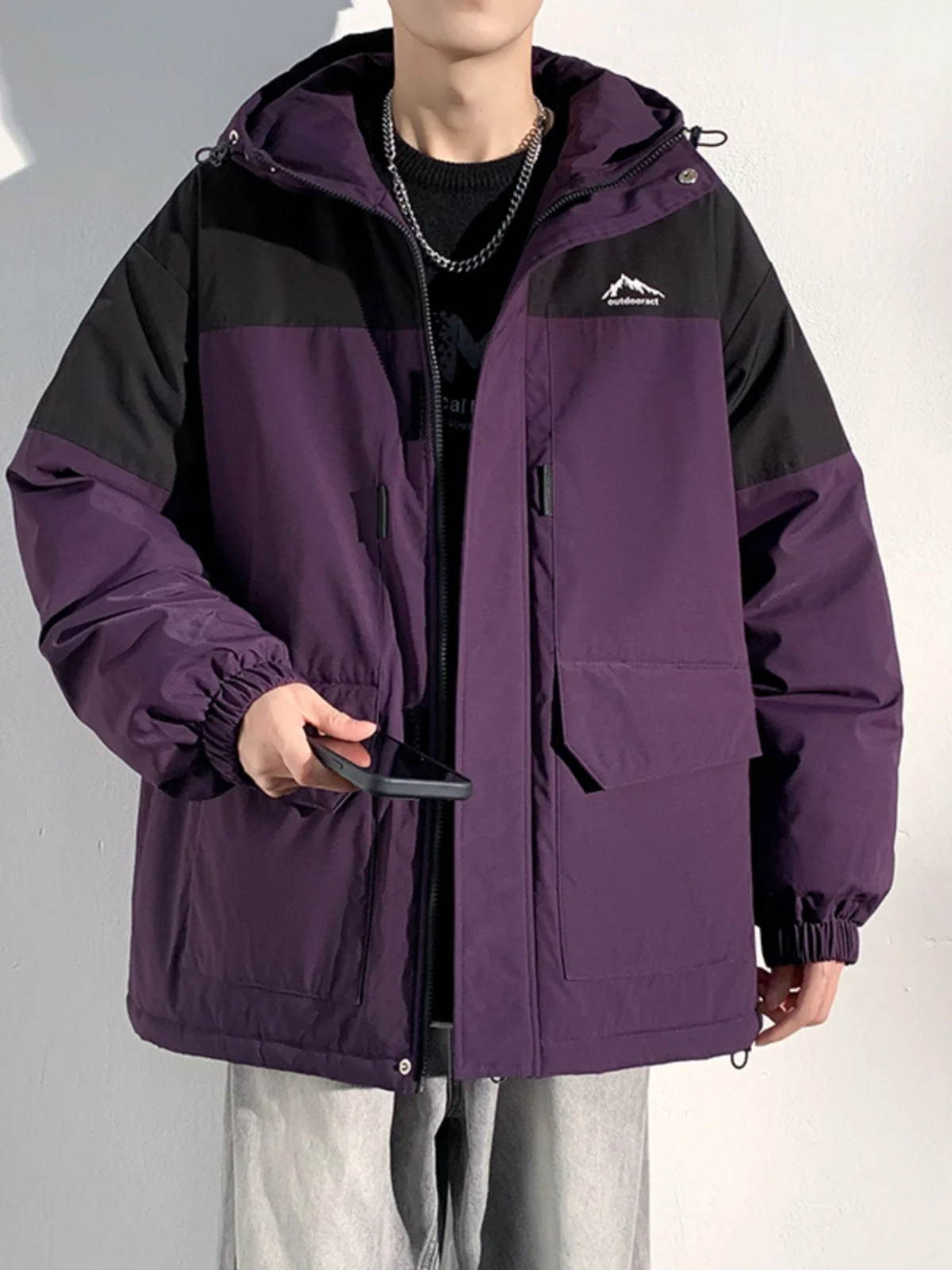 

Фиолетовая мужская зимняя куртка-пуховик: теплая, повседневная, молодежная, в американском ретро-стиле, новинка 2023 года, защита от холода, хлопковая, рабочая одежда