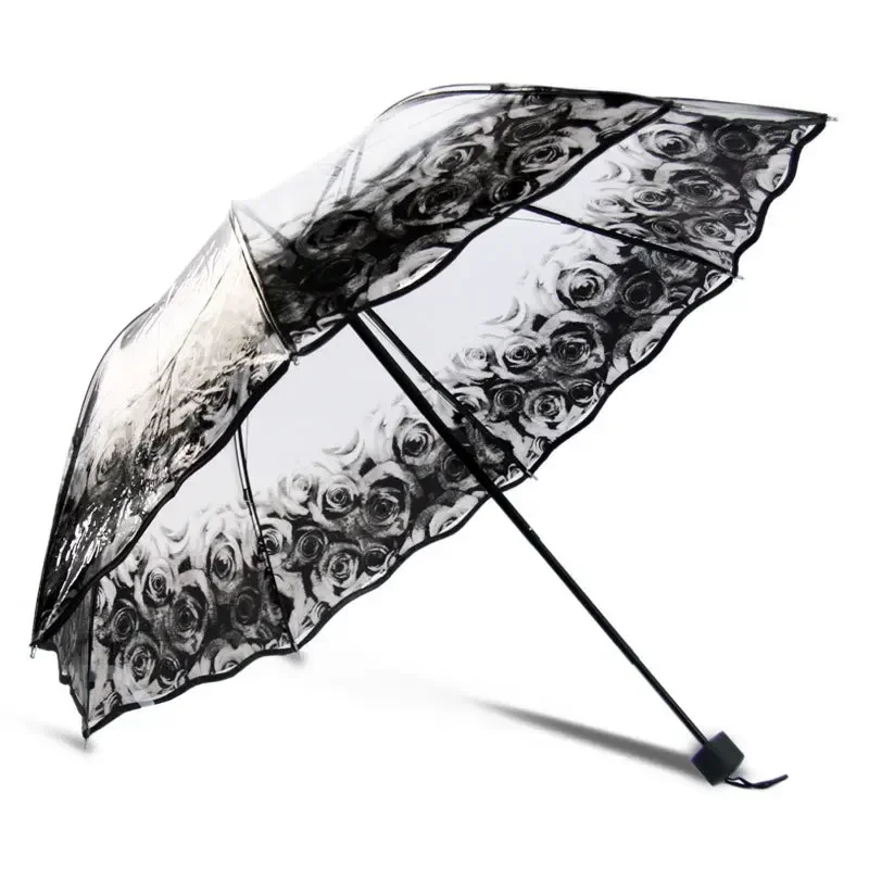 Transparent Folding Non-automatic Umbrella Men Ripple Edge Windproof Rain Umbrella Women Plastic Clear Ladies Outdoor Parasol