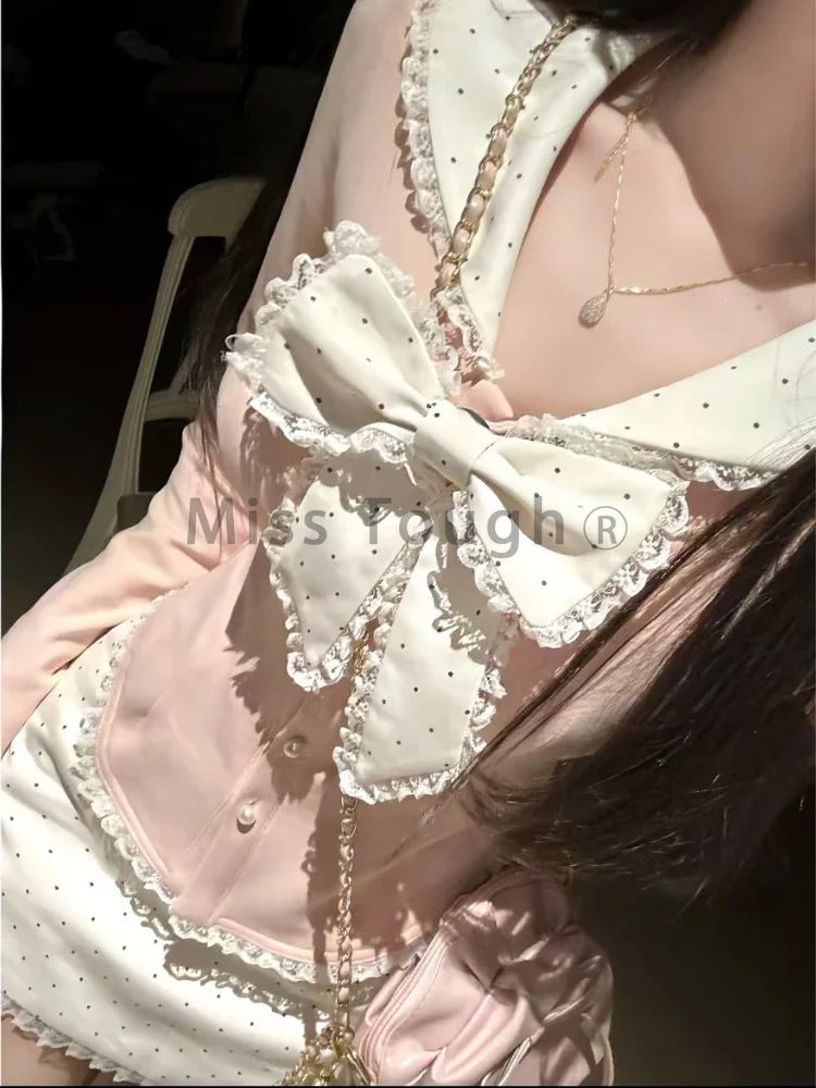 Korean Fashion Slim V Neck 2 Piece Set Women Design Sweet Bow Long Sleeve Solid Irregular Tops + Polka Dot Lace Short Skirt Suit