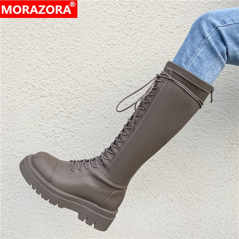 

MORAZORA Plus Size 34-43 New Women Boots Lace Up Platform Knee High Boots Skinny Legs Autumn Winter Chunky Stretch Boots