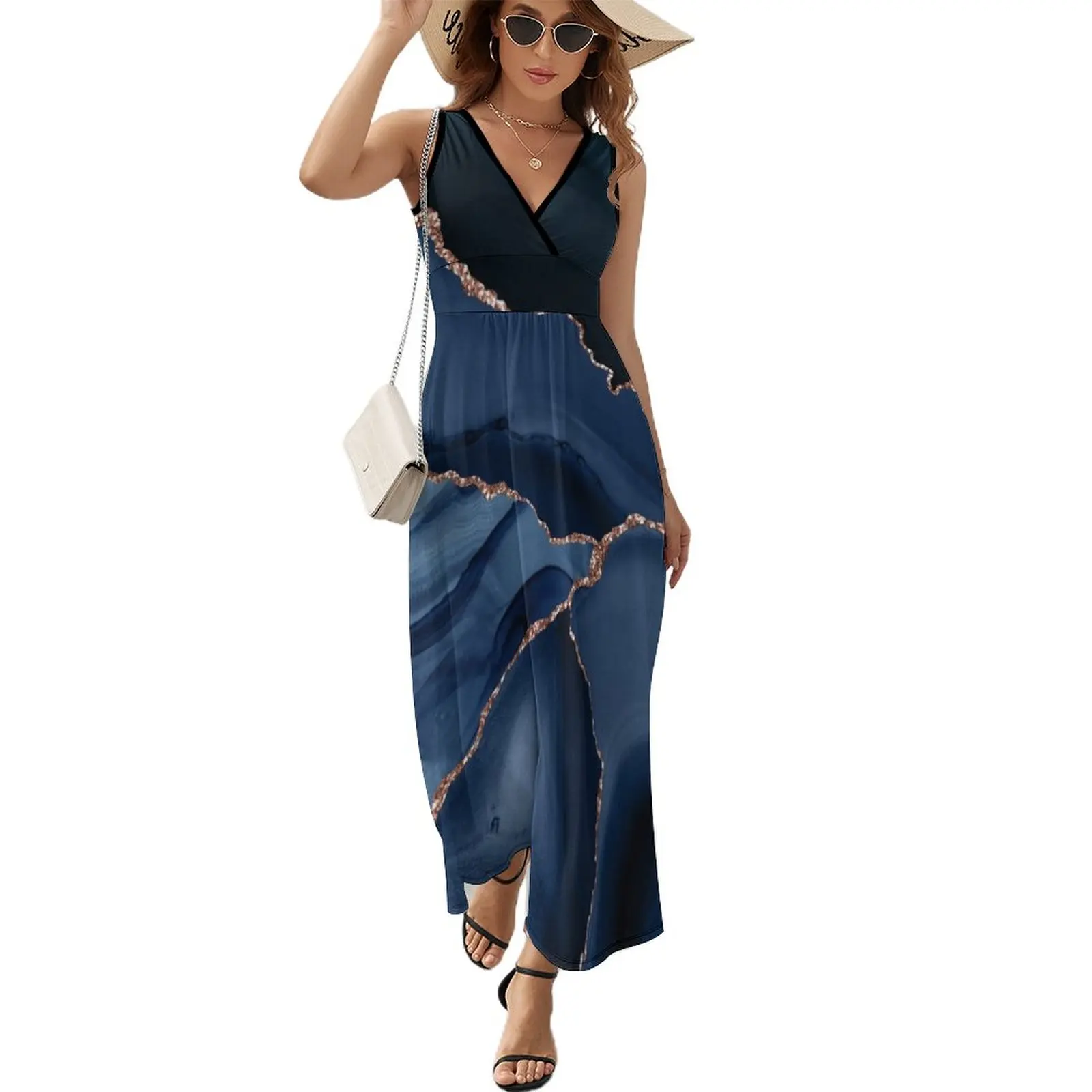 

Navy Blue Rose Gold Agate Geode Sleeveless Dress prom dress 2023 summer dresses ladies 2023