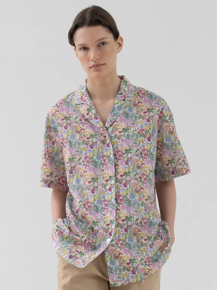 

Lerobe Casual Floral Print irt Women's Slim Fit ort Sve Turn-down Collar Summer Korean Sle Commute Faion Cotton 00%