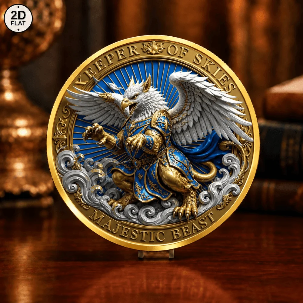 1pc Fantasy Angel Knight Metal Commemorative Coin Color Print Keeper of Skies Griffin Challenge Coin Gift for Mythology Lovers