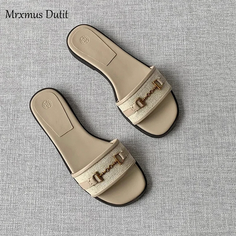 Mrxmus Dutit 2024 New Spring Summer Women Fashion Leather One Word Drag Flat Shoes Casual Versatile Sandals Slippers Female Chic