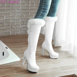 New Fashion Fur Knee High Boots Women's Round Toe Winter Boots High Heel Long Boot Keep Warm Shoes Women Stilettos Bottes White