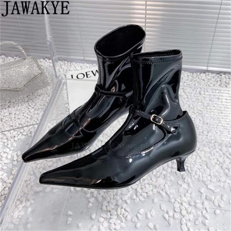 Patent Leather Kitten Heels Elastic Ankle Boots Women Winter Pointy Toe Chelsea Short Boots Autumn Fashion Week Slim Party Boots