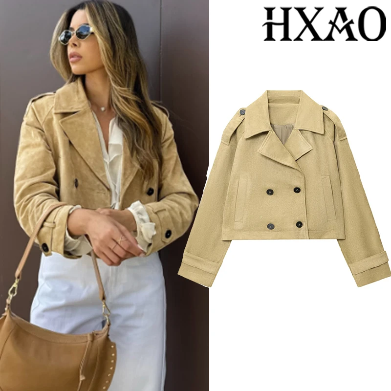HXAO Wildleder-Trenchcoat für Damen, kurzer Mantel, Kunstleder, Damenjacke, Demi-Saison, langärmelig, zweireihig, Knopfleiste, Windjacke