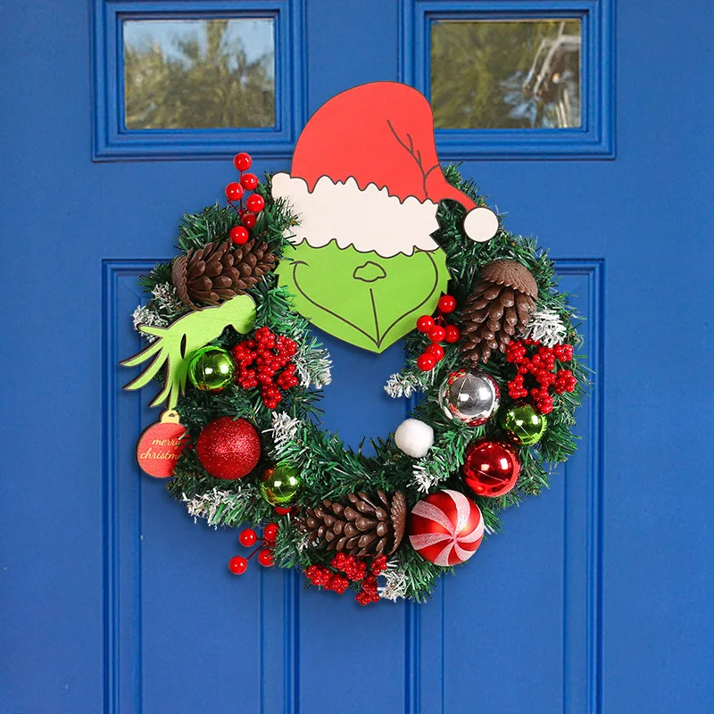 Green haired monster pine cone vine circle Christmas wreath wall hanging