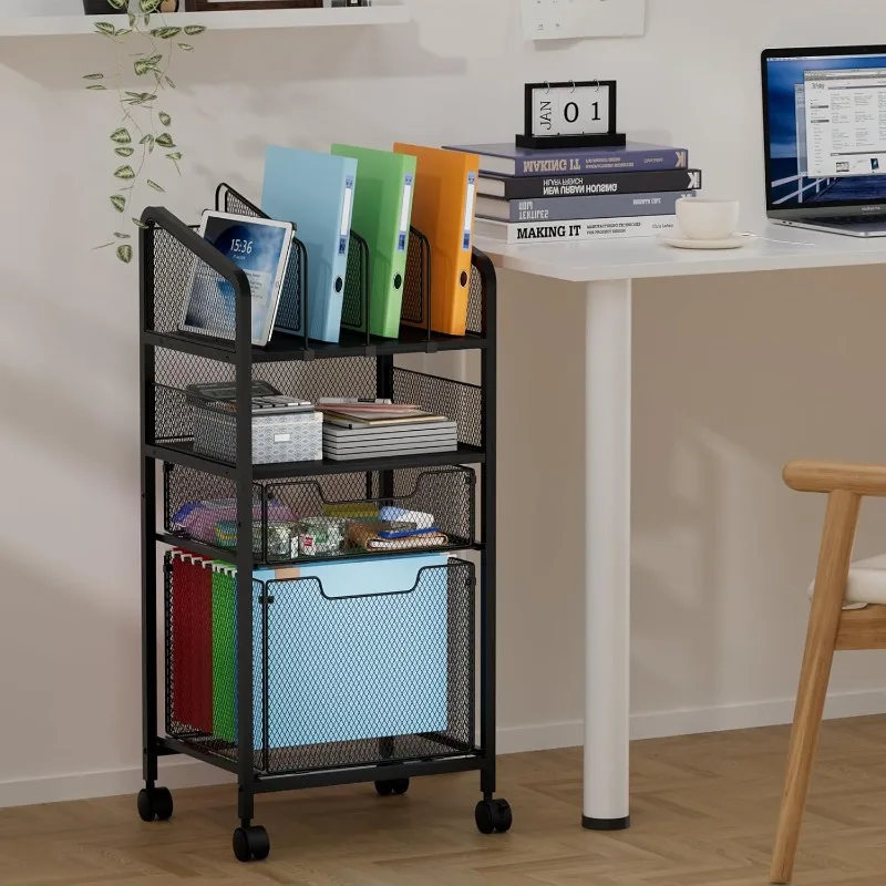 

Rolling File Cabinet Organizer Cart, 4-Tier Rolling File Utility Cart with Storage Drawer, Mobile Filing Cabinet Storage