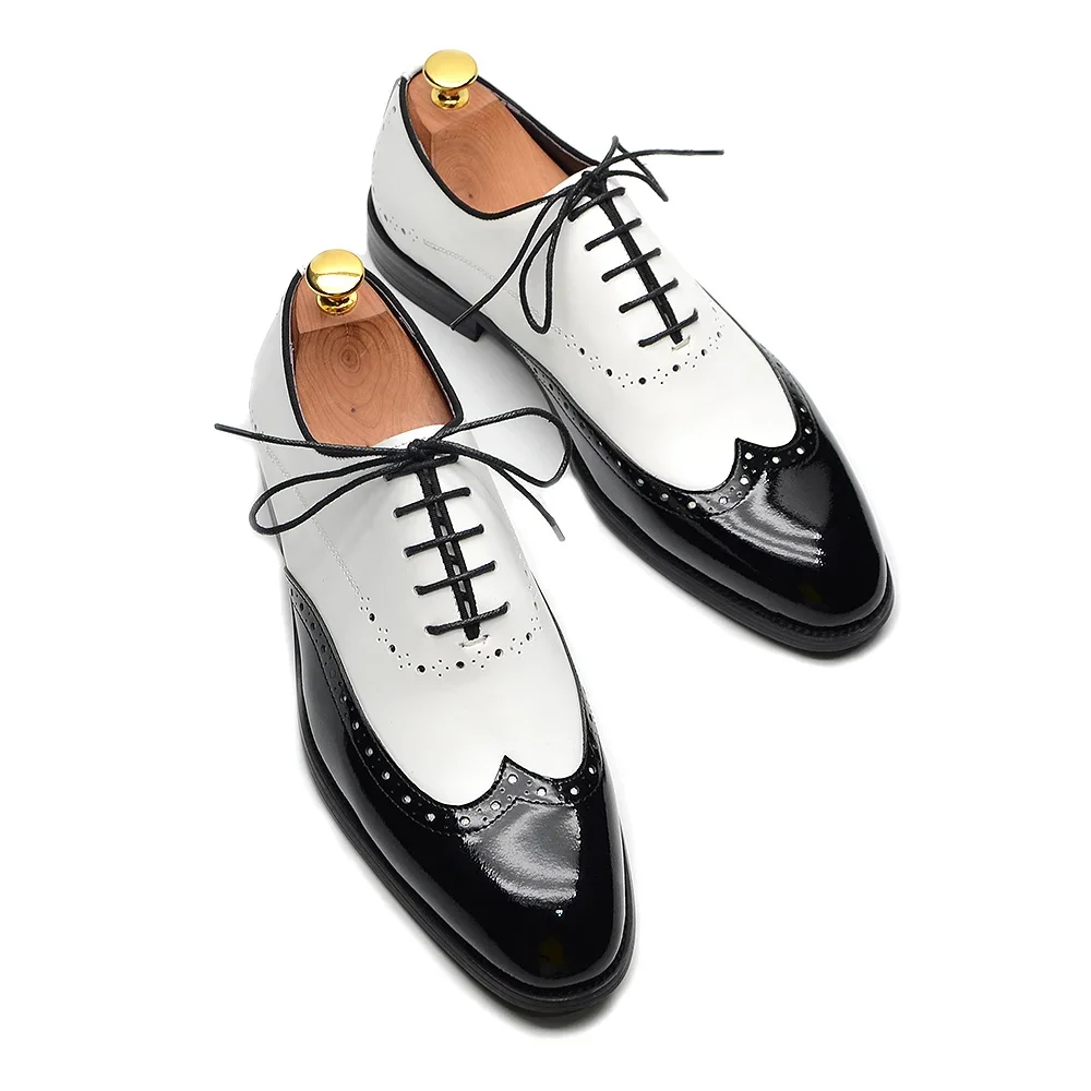 Formal Oxfords Shoes for Men White Black Real Cow Patent Leather Business Lace-up Wingtip Toe Brogue Wedding Mens Dress Shoes