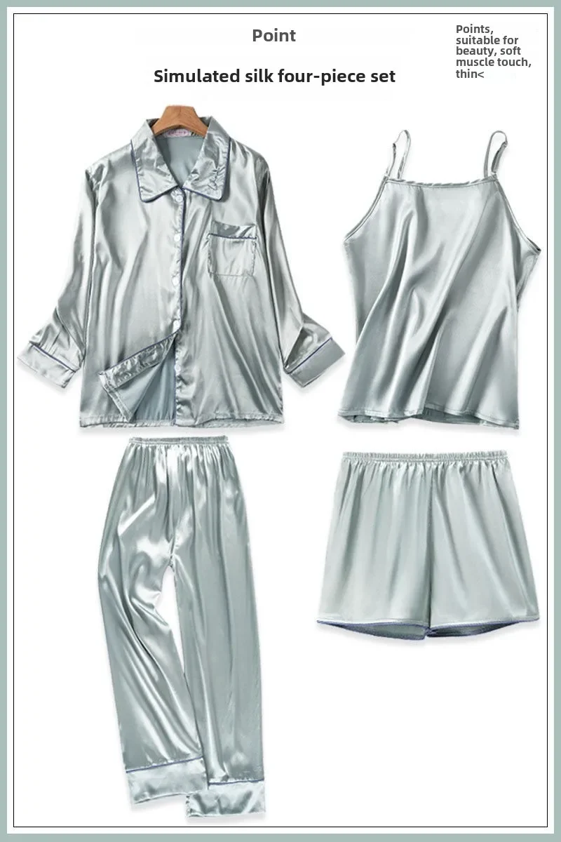 4 Pieces Pajamas Set for Women Sexy Lingerie Satin Sleepwear Silk Shorts Set Spring Summer Lapel Shirts Long Pants Pajamas Robe
