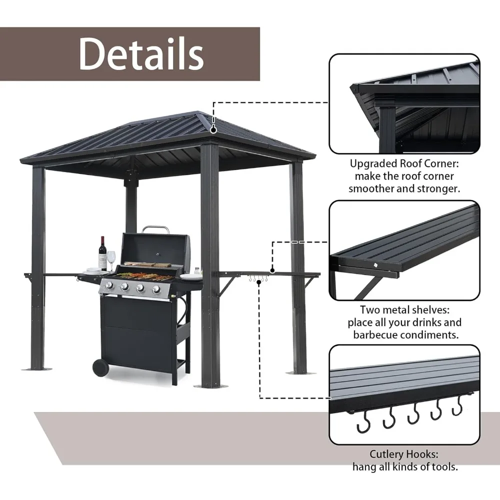 شرفة شواء خارجية صلبة مقاس 8 × 5 بوصات، تصميم سقف واحد مع هيكل من الألومنيوم وسقف فولاذي مجلفن، رائع للفناء والخبز
