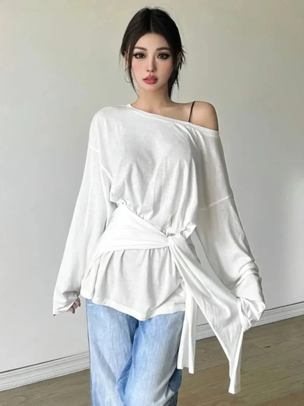 Y2K Korean Chic See Through Long Sleeve Oversized T Shirt Women Back Bandage Off Shoulder Streetwear Daily Casual Top