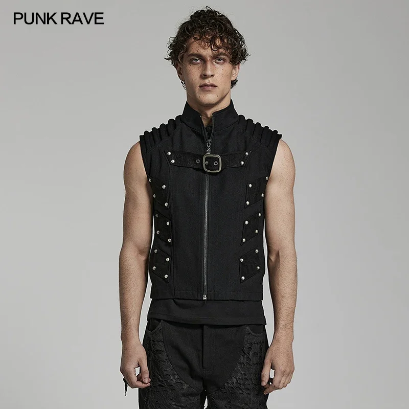 

PUNK RAVE Men's Doomsday Punk Rivets Decoration Vest Daily Handsome Cool Personality Casual Tops Black Spring/summer