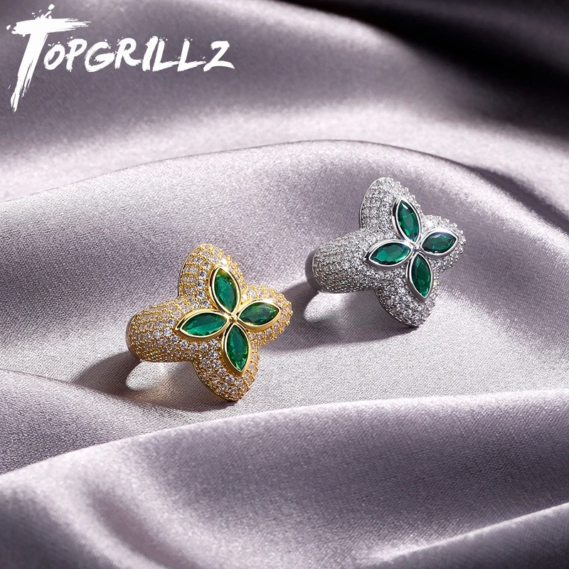 TOPGRILLZ, anillo de trébol de cuatro hojas con dije ostentoso helado de tamaño 7-11, anillo clásico de flor de circonia cúbica de Color dorado y plateado para regalo