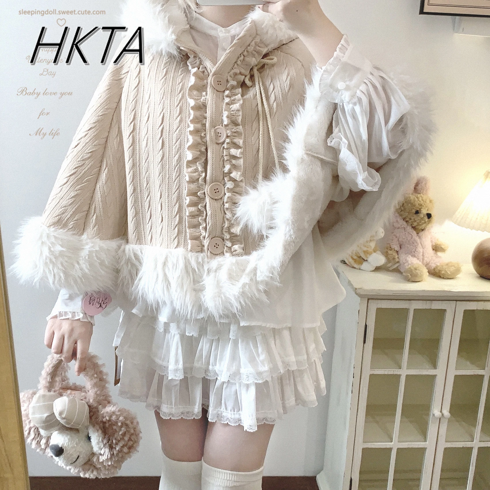 Sweet Kawaii Women Girls Sweater Jacket Shawl Fashion Cute Hairy Edge Hooded Lace Bow Fleece Warm Knitted Sweater Cardigan Cape