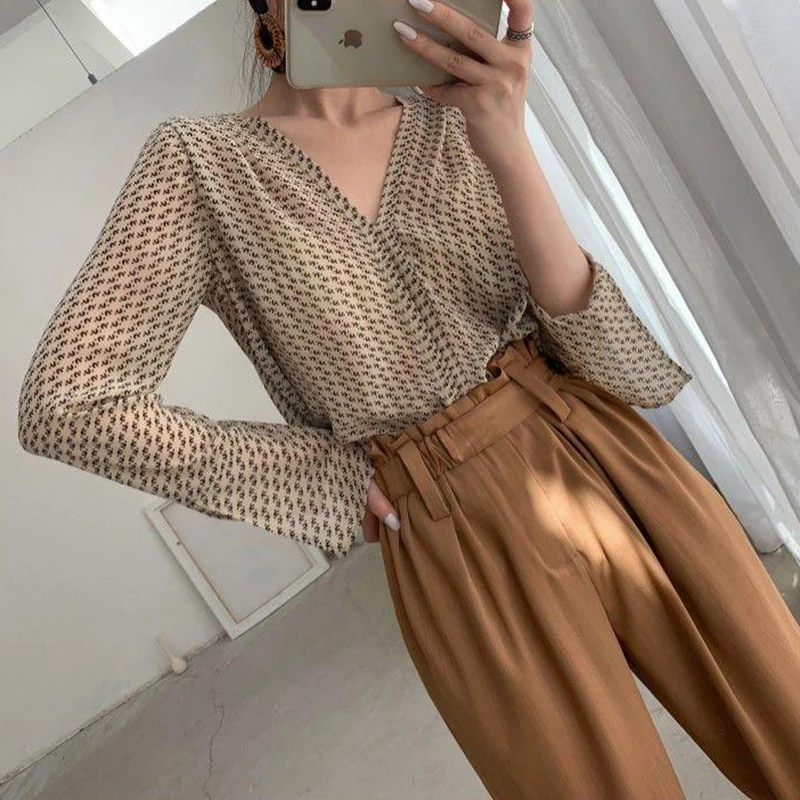 MEXZT Vintage Blouses Women Elegant V Neck Print Long Sleeve Loose Shirts Office Lady Casual Chiffon Chic Sun Protection Tops