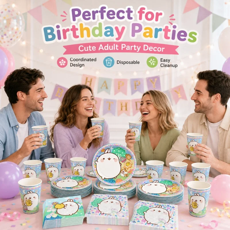 Molang Kombinations-Partydekoration für Geburtstagsfeiern, Einweg-Set für Themenfeiern im Innen- und Außenbereich, Niedlicher Hase – Detail 6