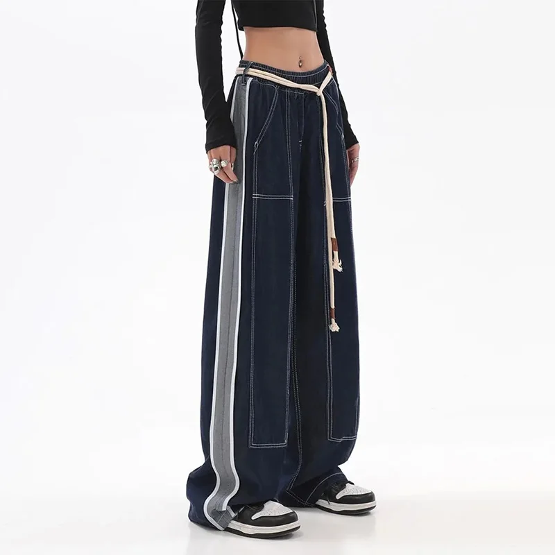 High Waist Drawstring Baggy Jeans Women American Style Sping Summer Women\'s Streetwear Denim Pants Wide-leg Y2k Vintage Trousers