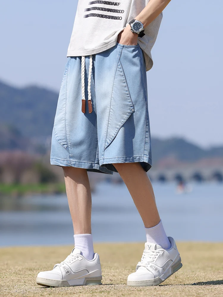 

Summer Lyocell Denim Shorts Men Lightweight Baggy Jeans Shorts Big Size 8XL 7XL 6XL Wide Leg Straight Denim Short Pants