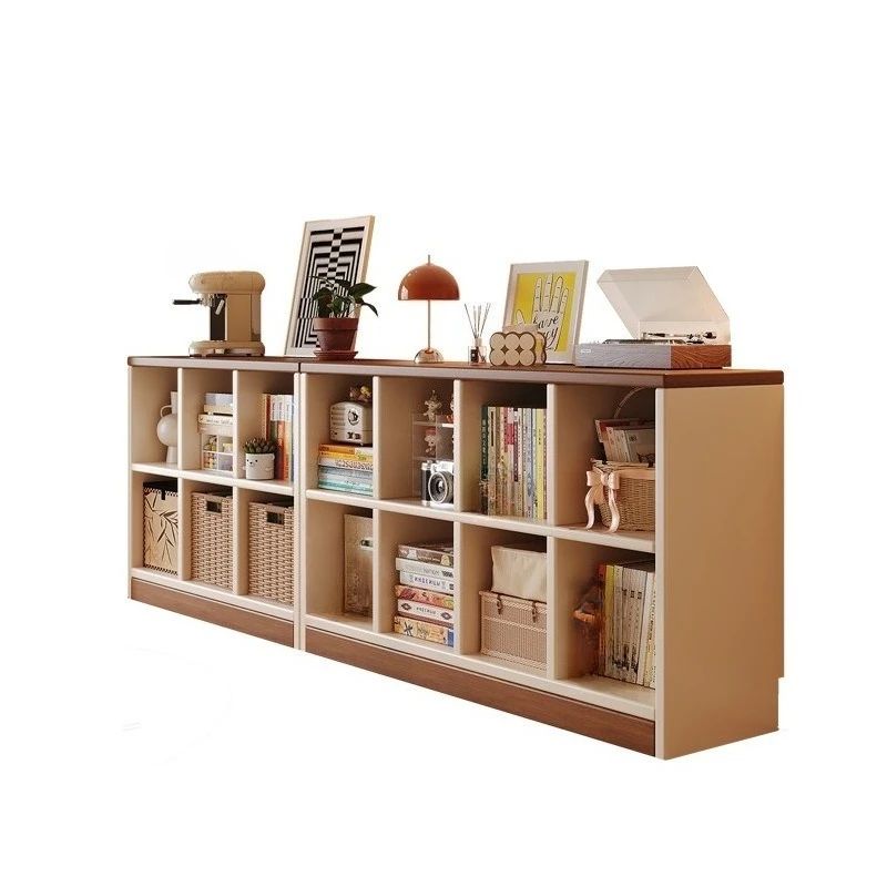 Solid Wood Grid Bookshelf, Low Integrated Wall Storage Cabinet for Living Room
