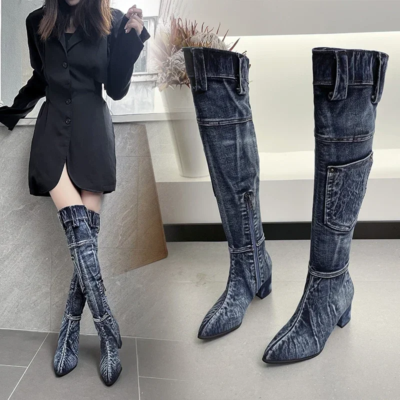 Sexy Jean Boots Women\'s Knee-High Boot Zipper 6CM High Heel Woman Stylish Jeans Boots Ladies Denim Boot Female Shoes Cowboy