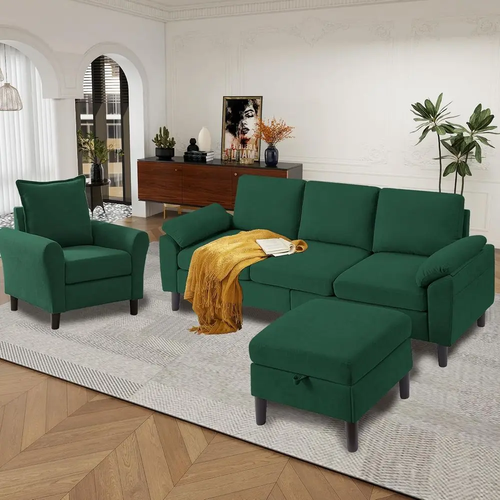 Green 3-Seat Convertible Sectional Sofa Set with Reversible Ottoman and Accent Chair for Living Room or Office