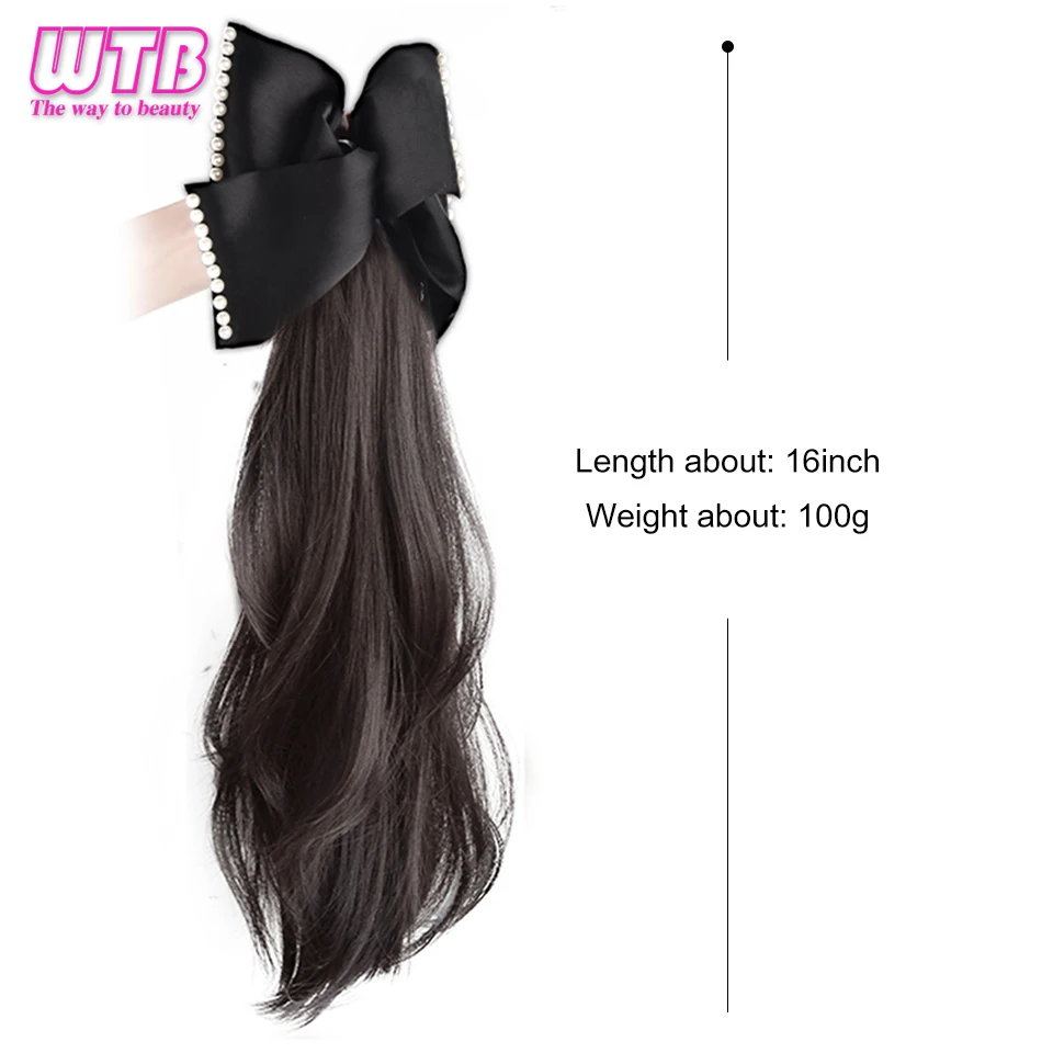 WTB Synthetic Bow Knot Ponytail Wig Clip Type High Ponytail Female Retro Pearl Low Tie Wig Ponytail Braid