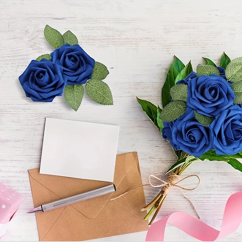 30 Stück künstliche blaue Rosen, gefälschte Schaumrosen mit Stielen, Hochzeit, Party, DIY-Dekoration, Kunstblume, Boho, Zuhause, Zimmer, Vasendekoration – Detail 7