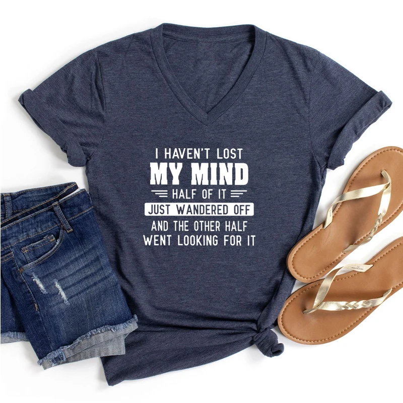 Nowa zabawna koszulka z literą MY MIND Just WANDERED OFF Damska koszula z krótkim rękawem Casual Hip Hop V Neck Fashion Girl Letter Shirt Top