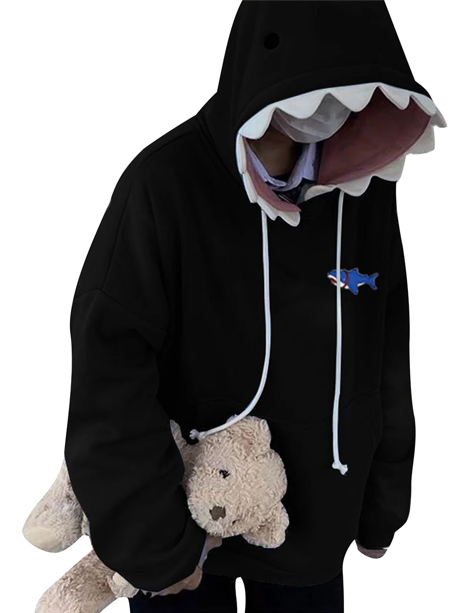 Women Cute Shark Hoodie Long Sleeve Blue Kawaii Animal Shark Shape Hooded Pullover Oversized Aesthetic Sweatshirts for Teen