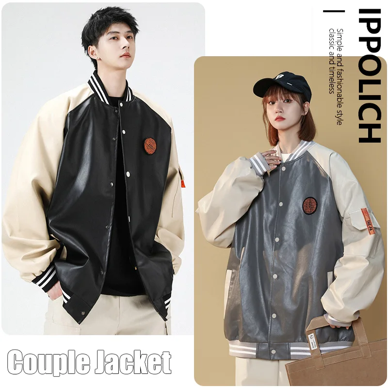 Couple Jacket Bomber Jackets American Woman Outerwear High Street Embroidered PU Leather Jacket Men's Loose Match Baseball Coat