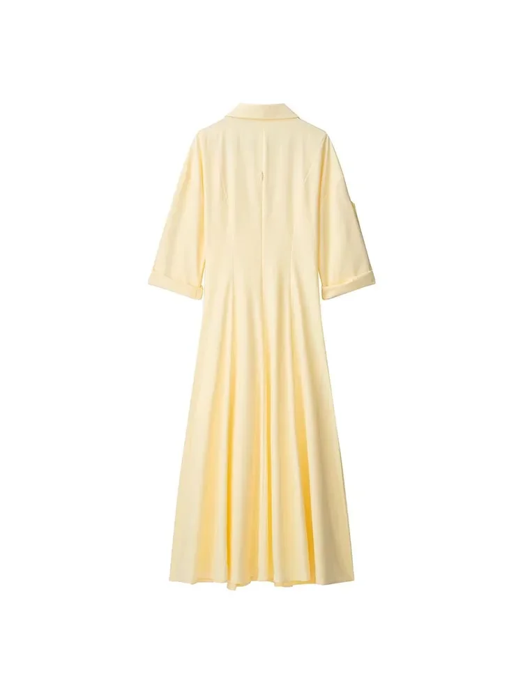 2025 Estate Nuove donne Camicie Abito Moda Casual Scollo a V Manica 3/4 Solido Femminile Elegante Strada MIDI Abiti Abbigliamento