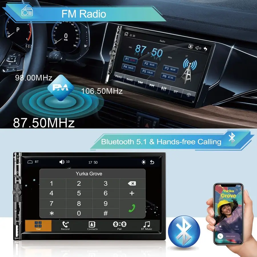 ستيريو سيارة مزدوج الدين 7 بوصة مع Apple Carplay، شاشة لمس HD 1024 600، جهاز استقبال راديو FM للسيارة مع بلوتوث 5.1 بدون استخدام اليدين، نظام تحديد المواقع #4