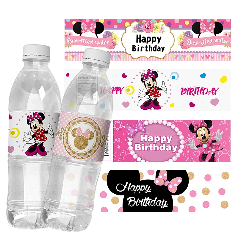 6pcs Disney Minnie Mouse Birthday Water Bottle Wine Labels Gift Box Stickers Candy Bag Wraps Baby Shower Party Decoration supply