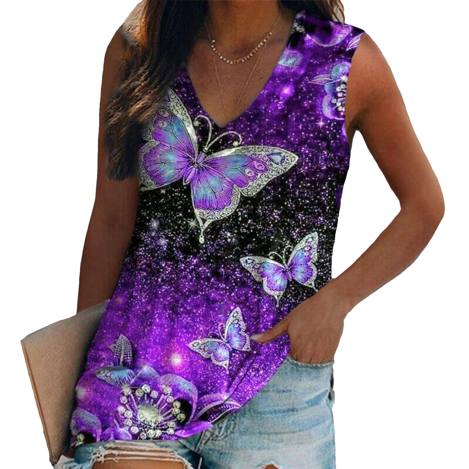 Kolorowy motyl 3D Print Tank Top Western Ethnic Women V-Neck Sleeveless Camisoles Off Shoulder Vest Y2k Tops Woman Clothing — zdjęcie 6