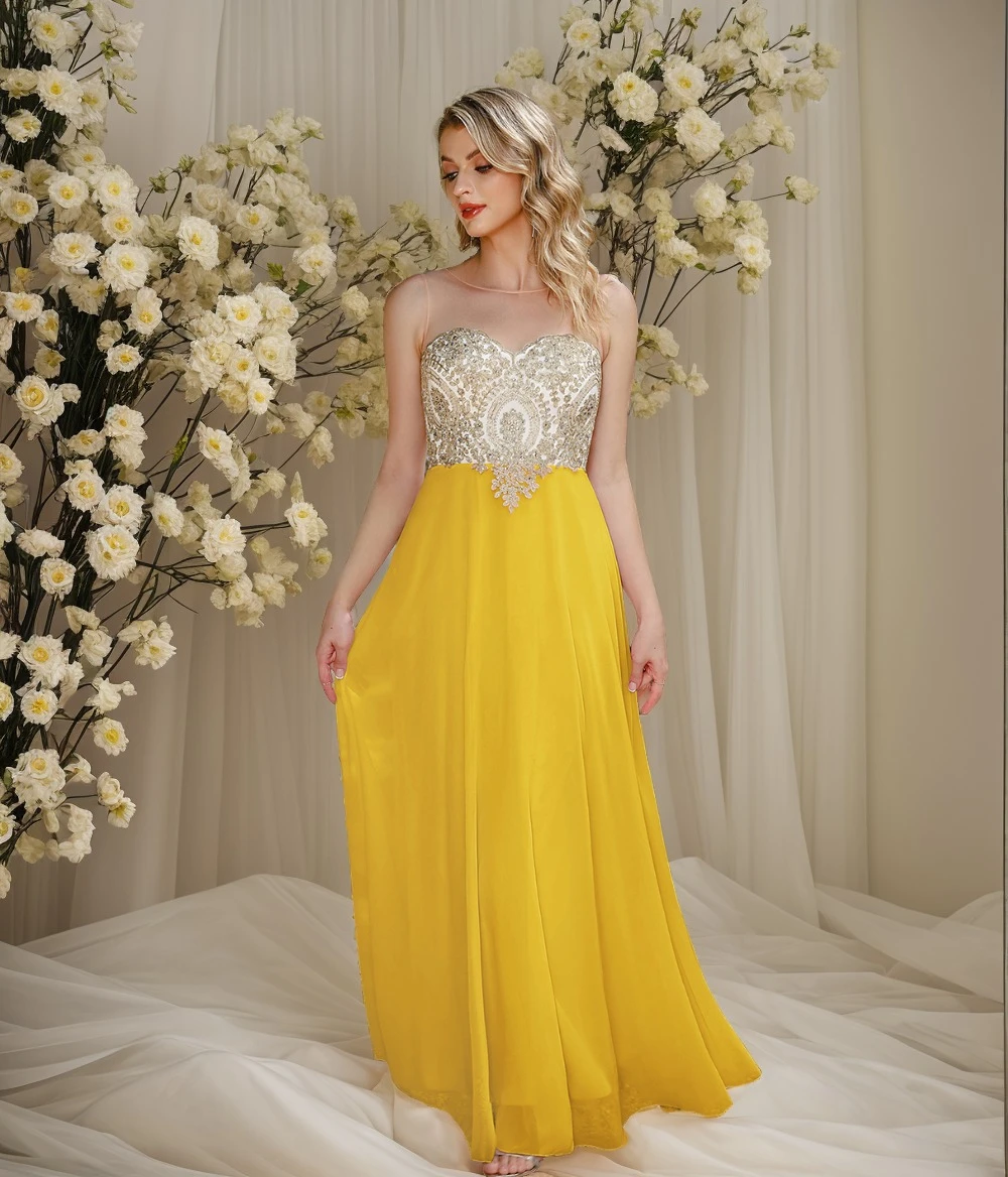 

MisShow трапециевидное платье подружки невесты с прозрачным воротником без рукавов и открытой спиной, вечерние платья с золотыми кружевными аппликациями, шифоновые свадебные вечерние платья