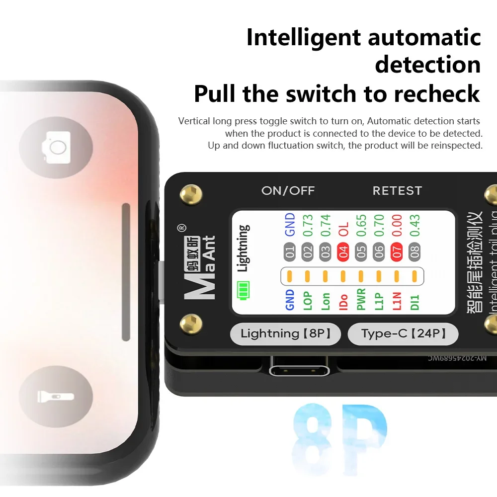 MaAnt WX-02 probador de enchufe de acoplamiento sin desmontaje para iPhone tipo C Huawei Xiaomi reparación Detector de enchufe de acoplamiento relámpago